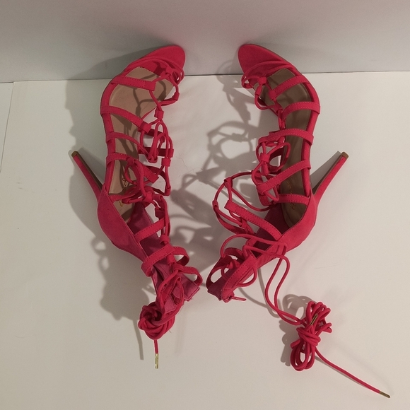 Qupid Women's 8 & 7.5 Pink Strappy Lace-Up Heels - Picture 5 of 8